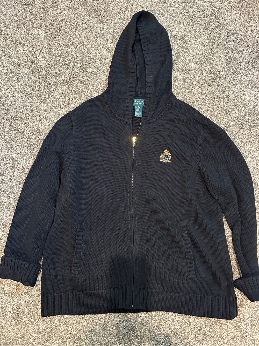 Polo by Ralph Lauren Black Hooded Zip Sweater with Crest Emblem